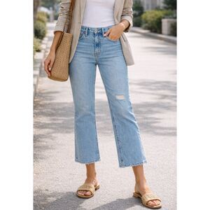 J.Crew High Rise Flare Crop Jeans 28P Petite Light Wash Stretch Distressed Hem